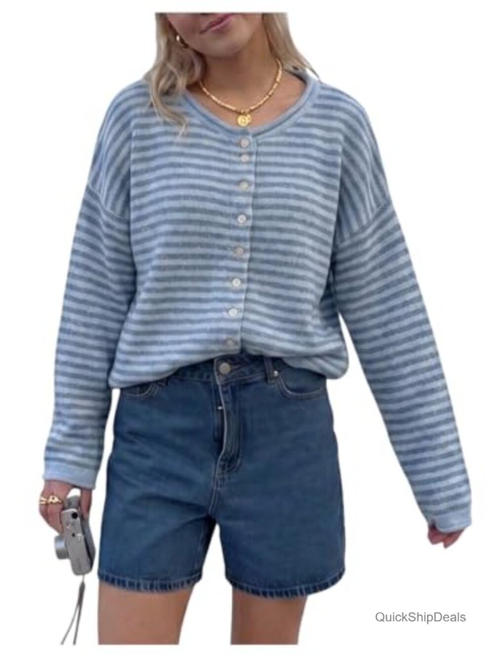 Striped Button Down Long Sleeve Loose Cardigan Sweater